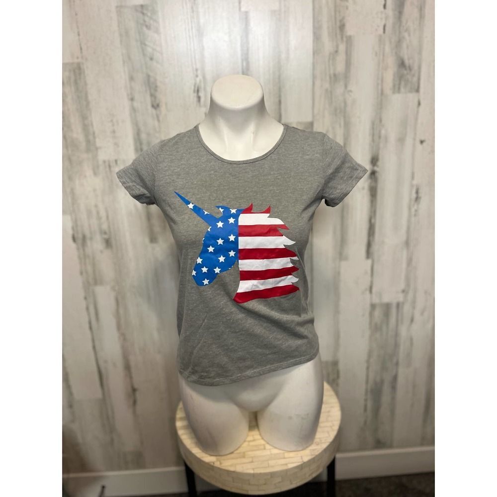 City Streets American Flag Unicorn Graphic Tee Womens Large Grey Patriotic